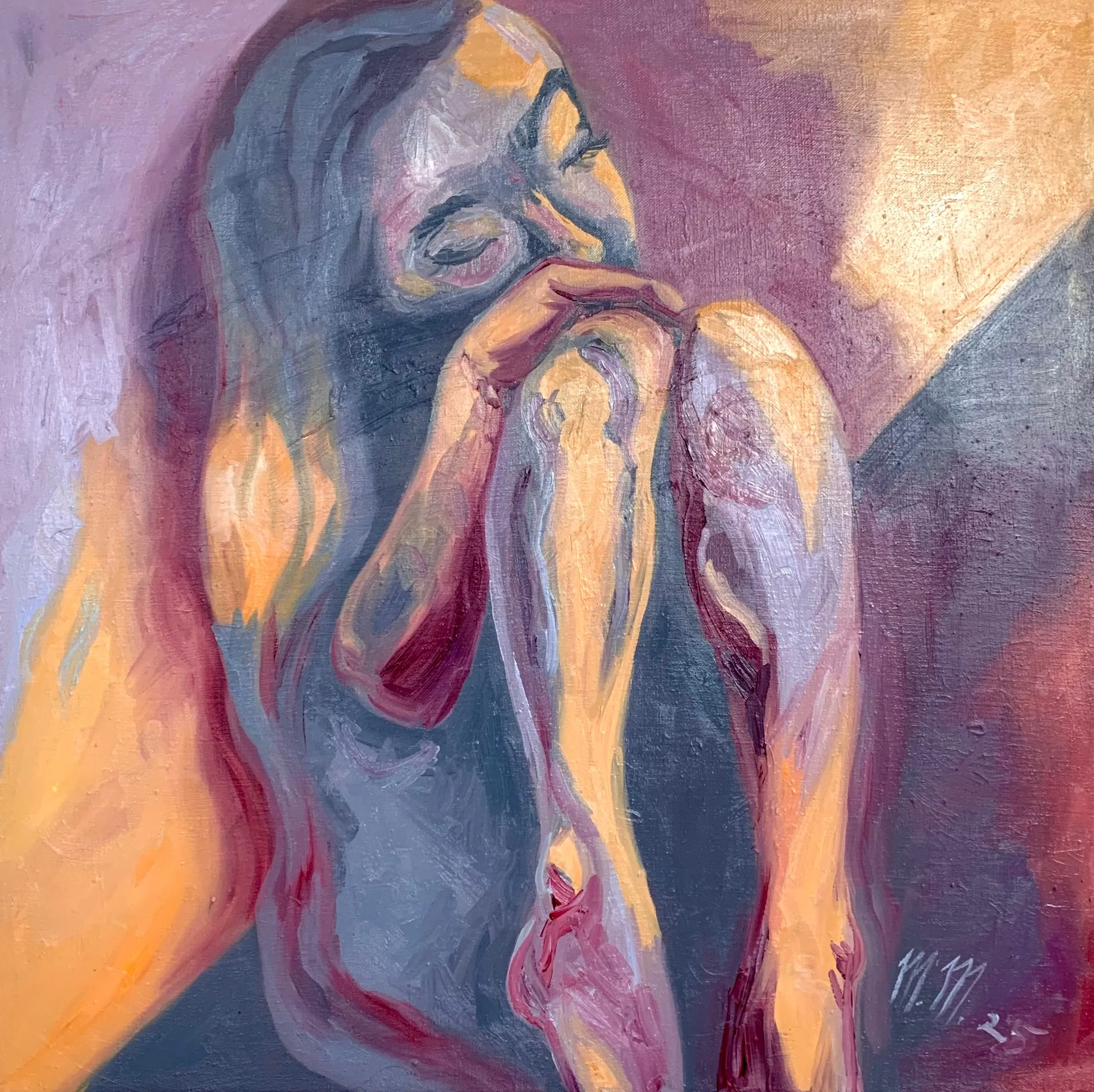 Schoulená, 2025, olej na plátně, 50 × 50 cm